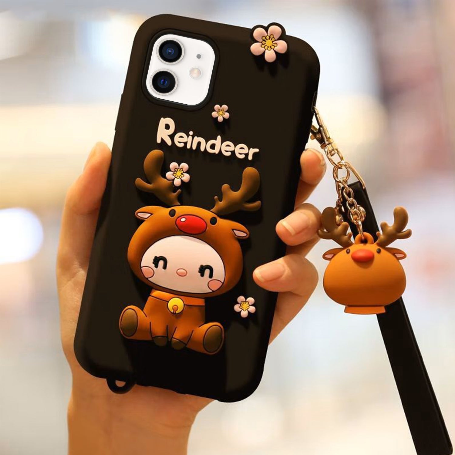 3D Silicone Cute Reindeer With Pendant Cartoon Case for iPhone 12 Pro/12 (6.1") - Black