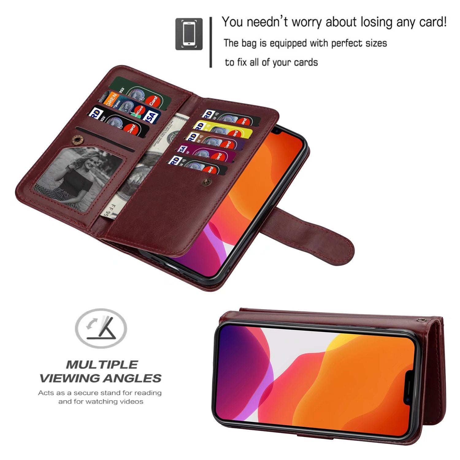 iPhone 11 Pro (5.8") 2 in 1 Leather Wallet Case With 9 Credit Card Slots and Removable Back Cover 