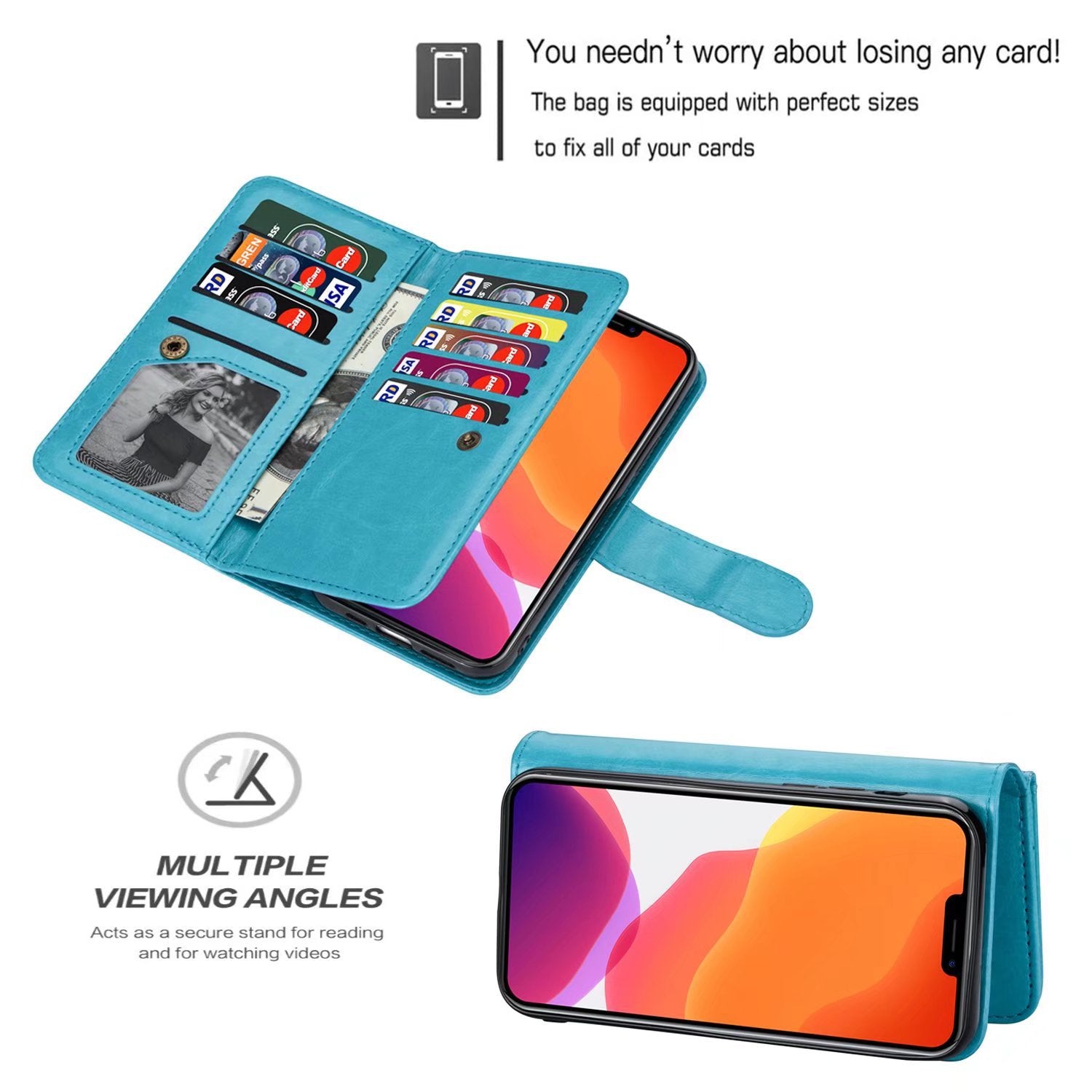 iPhone 12 Mini 2 in 1 Leather Wallet Case With 9 Credit Card Slots and Removable Back Cover 