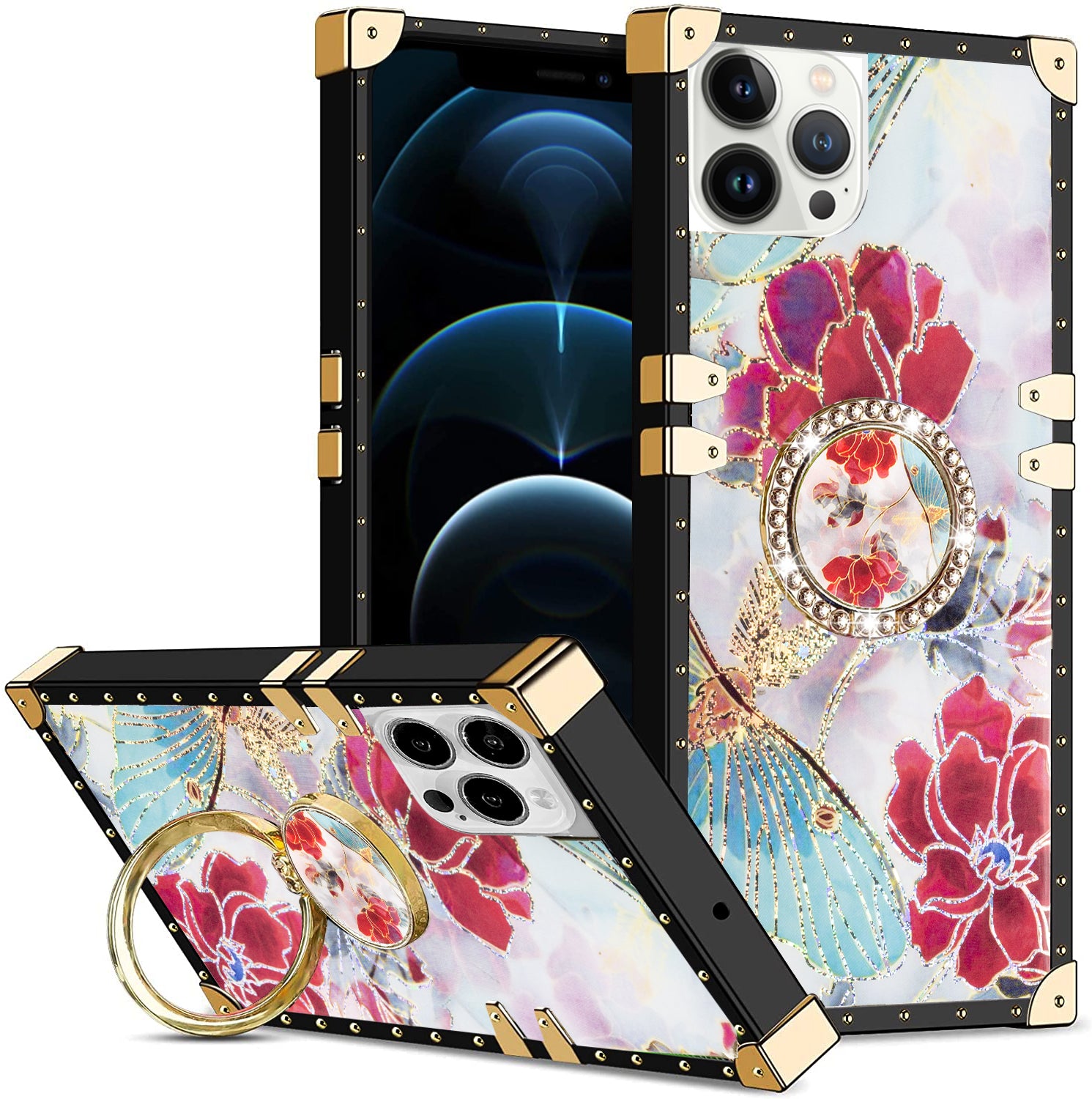 iPhone 12/ 12 Pro (6.1") TPU Luxury Shiny Flower Fashion Case with Kickstand