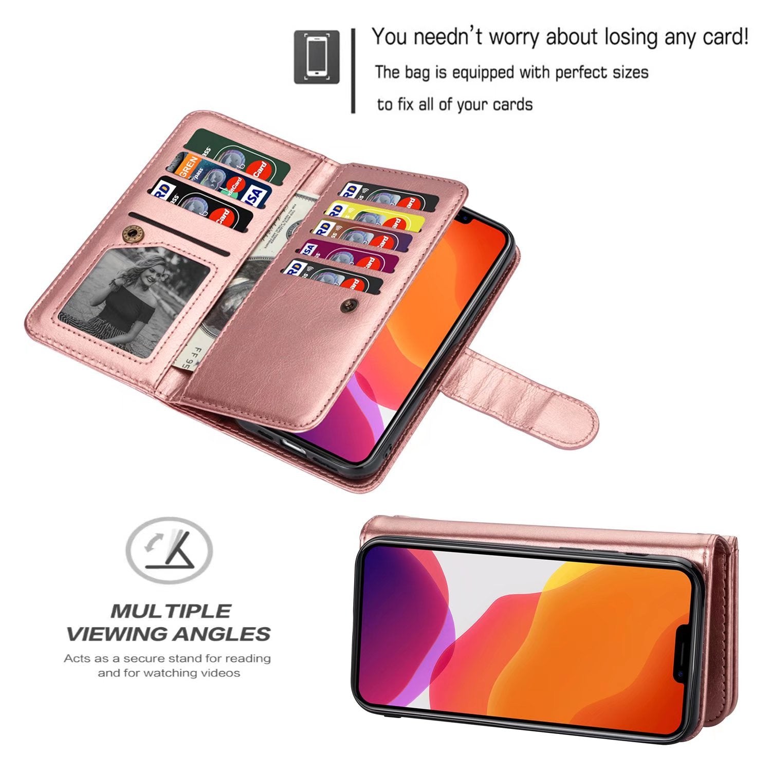 iPhone 12 Pro/12 (6.1") 2 in 1 Leather Wallet Case With 9 Credit Card Slots and Removable Back Cover 