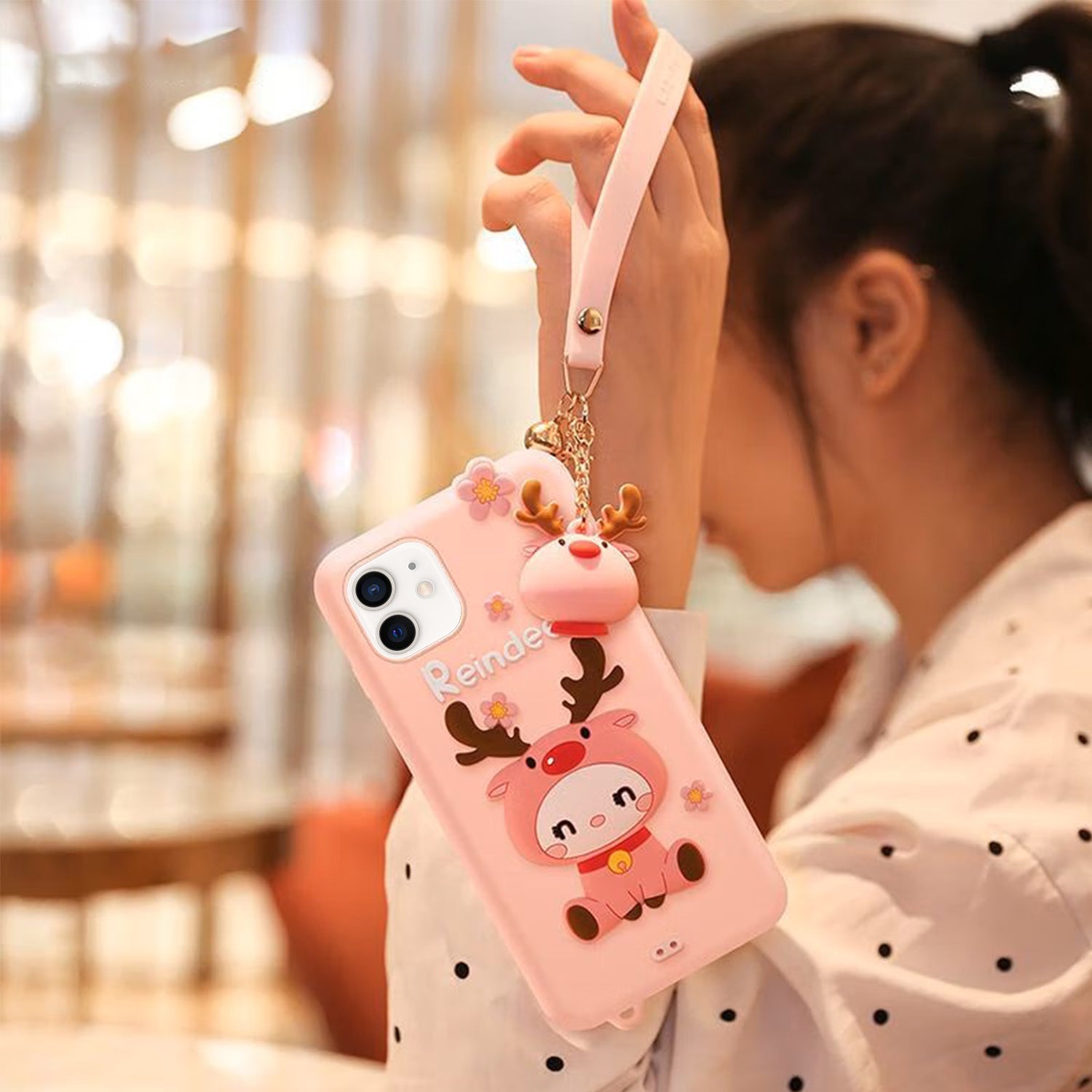 3D Silicone Cute Reindeer With Pendant Cartoon Case for iPhone 12 Mini (5.4") - Pink