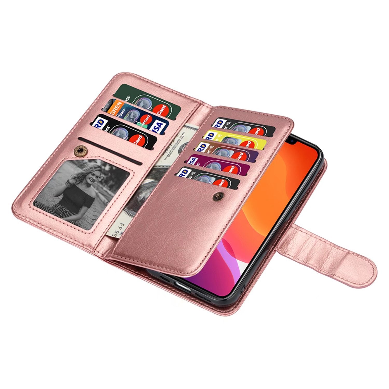 iPhone 11 (6.1") 2 in 1 Leather Wallet Case With 9 Credit Card Slots and Removable Back Cover 