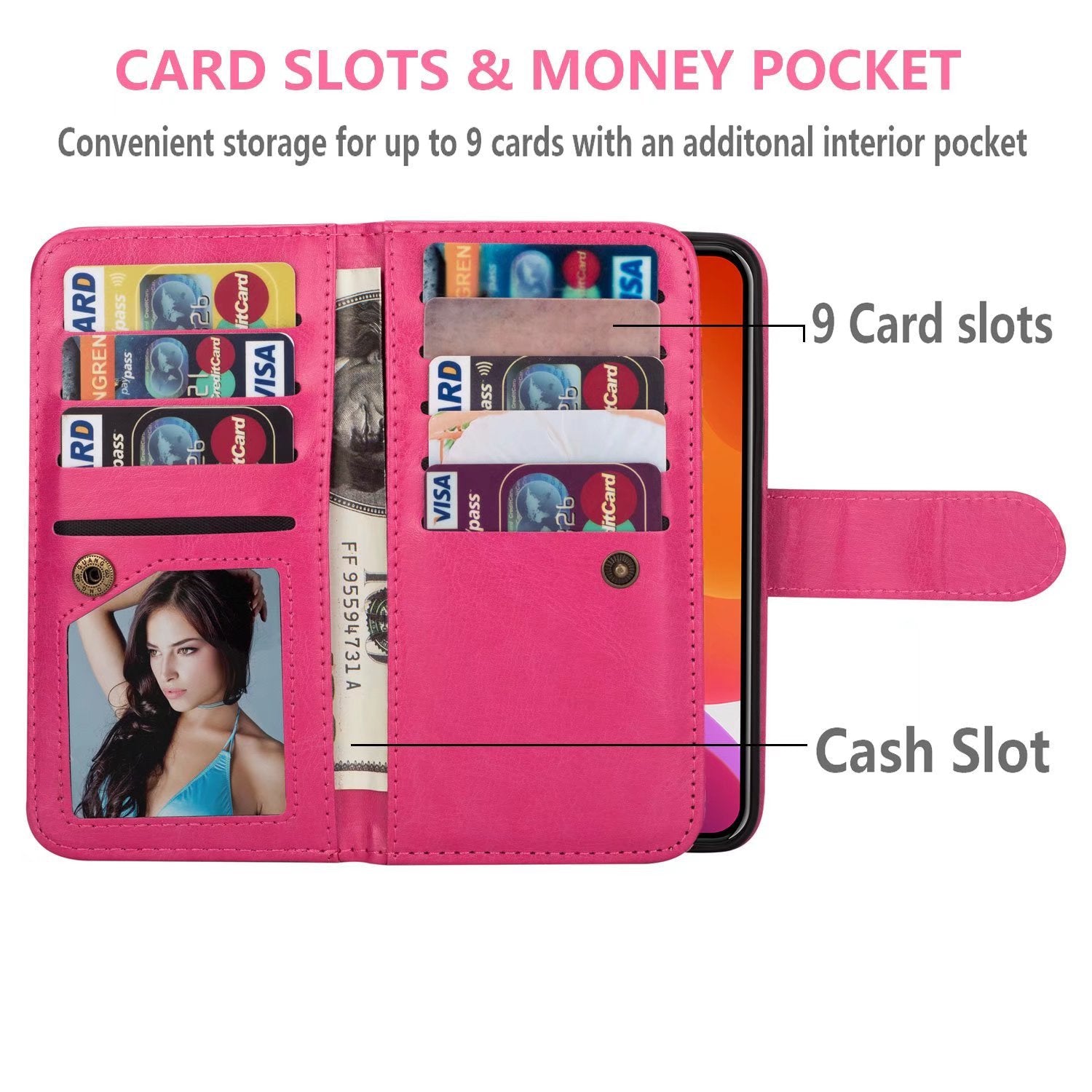 iPhone 11 (6.1") 2 in 1 Leather Wallet Case With 9 Credit Card Slots and Removable Back Cover 