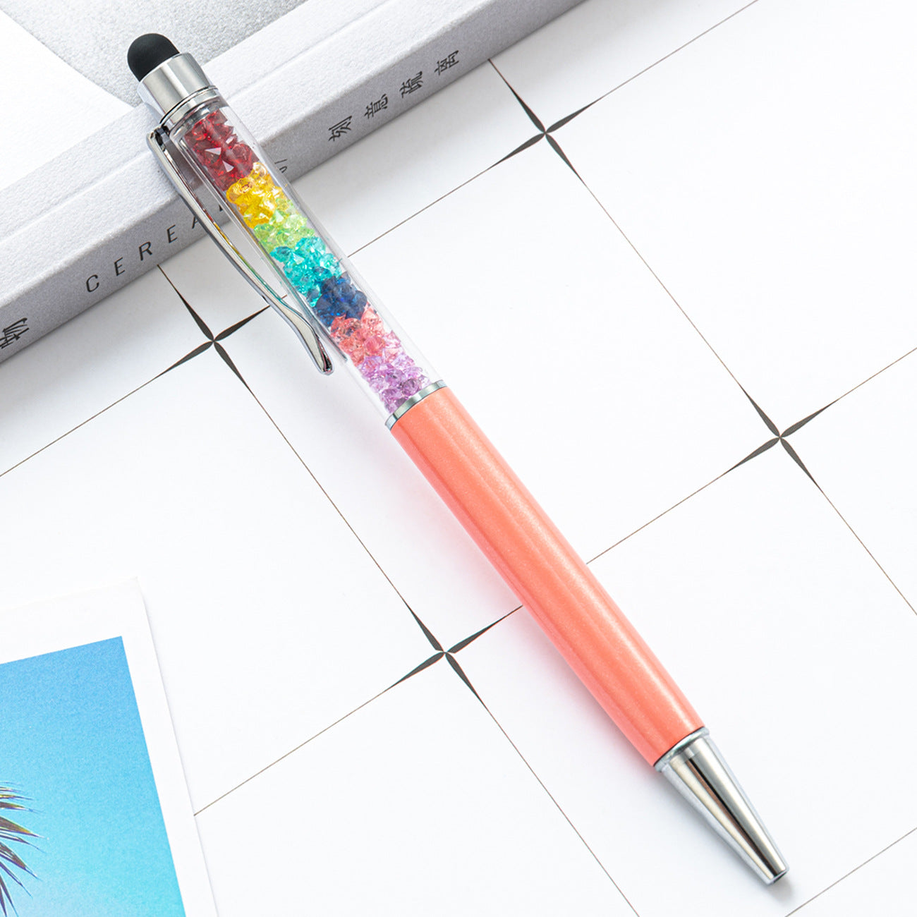 Capacitive Touch Screen Ballpoint Pen Cute Rainbow Diamond Crystal Ball Pens School Writing Supplies - Pink