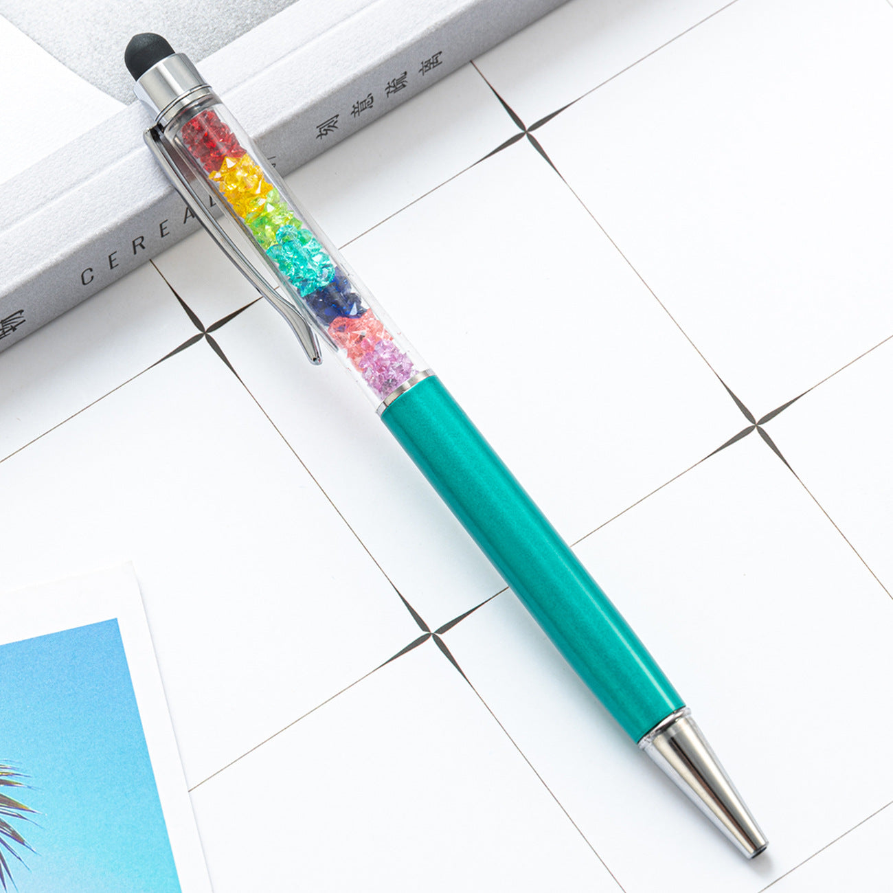 Capacitive Touch Screen Ballpoint Pen Cute Rainbow Diamond Crystal Ball Pens School Writing Supplies - Light Teal