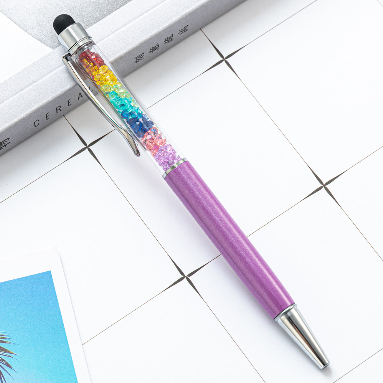 Capacitive Touch Screen Ballpoint Pen Cute Rainbow Diamond Crystal Ball Pens School Writing Supplies - Purple