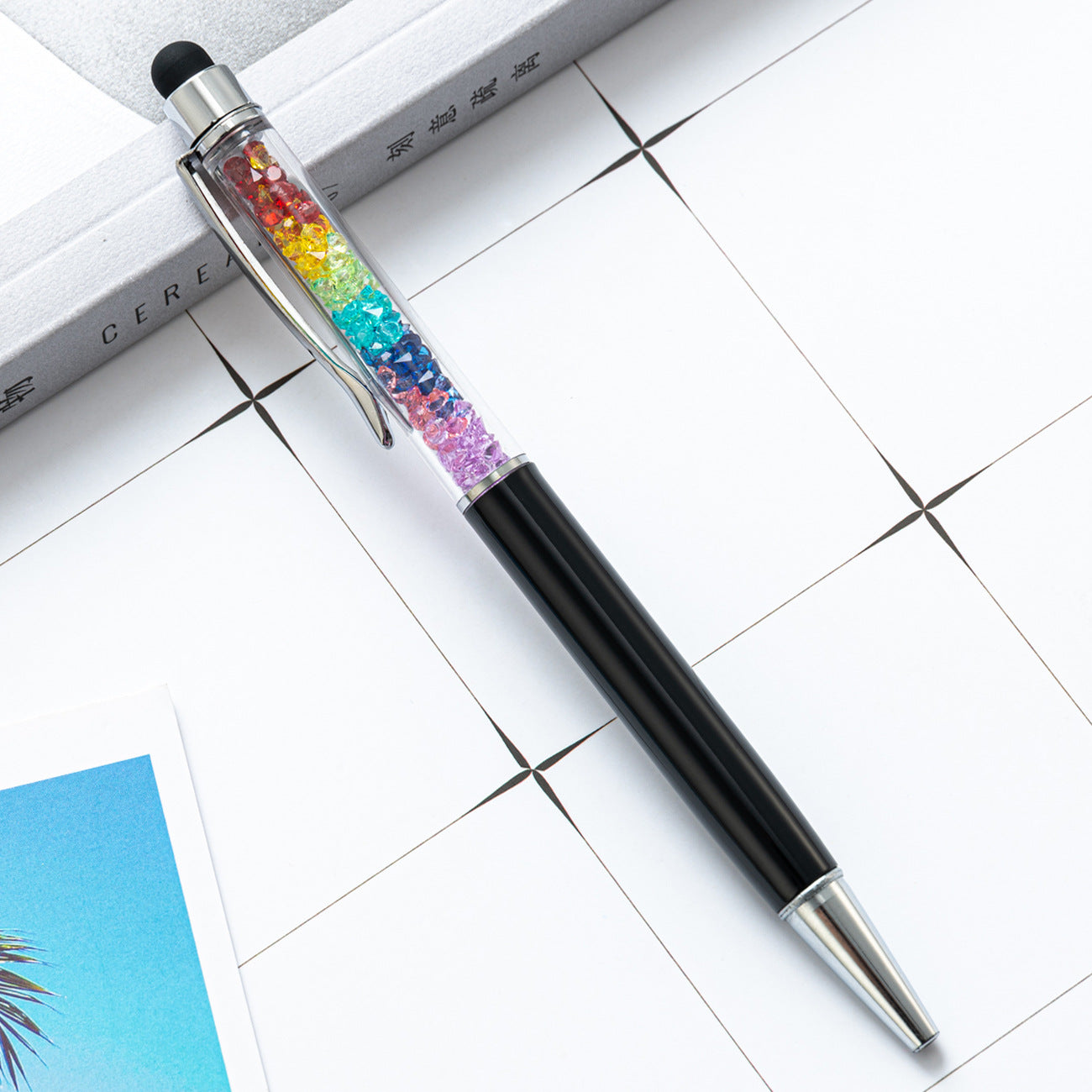 Capacitive Touch Screen Ballpoint Pen Cute Rainbow Diamond Crystal Ball Pens School Writing Supplies - Black