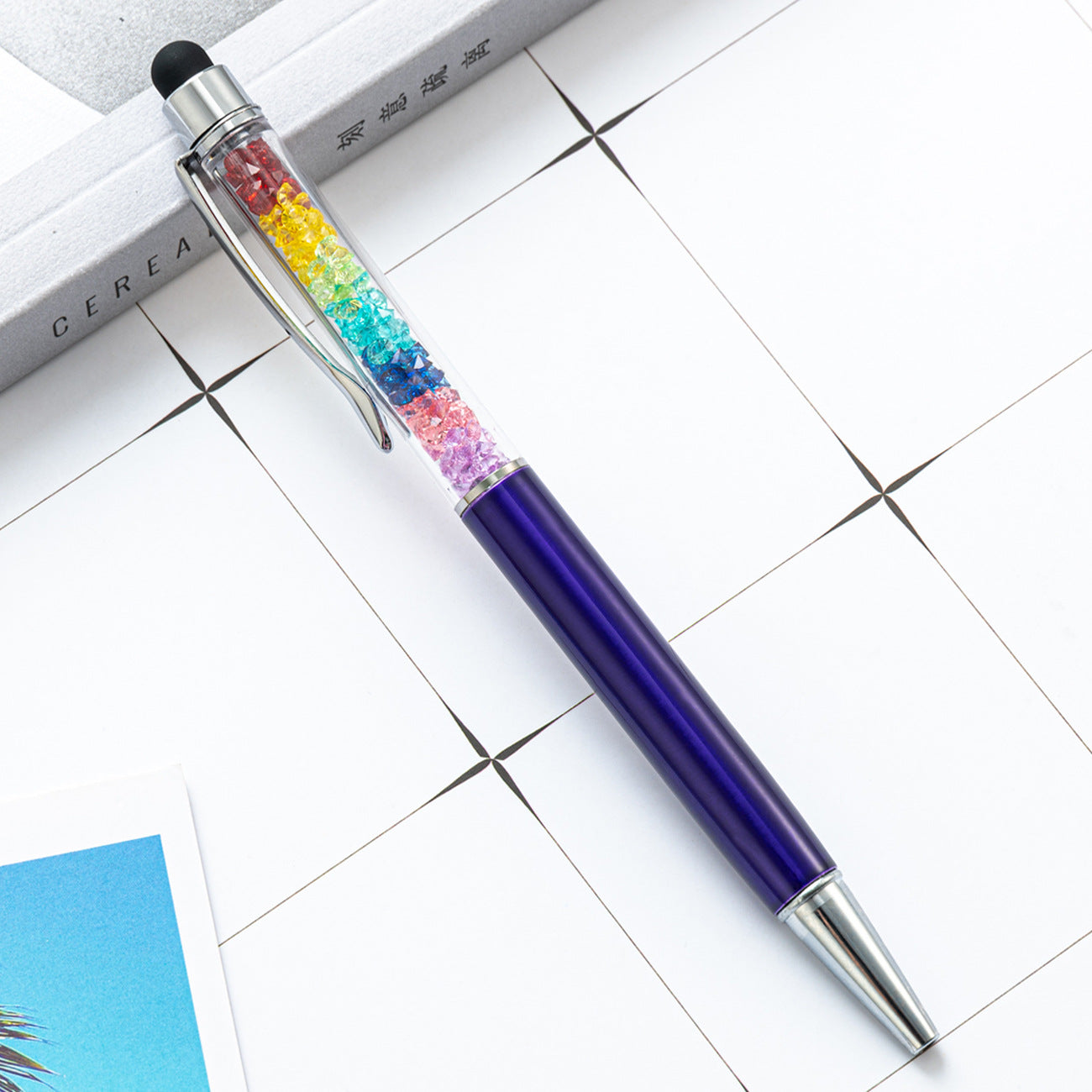 Capacitive Touch Screen Ballpoint Pen Cute Rainbow Diamond Crystal Ball Pens School Writing Supplies - Transparent Blue