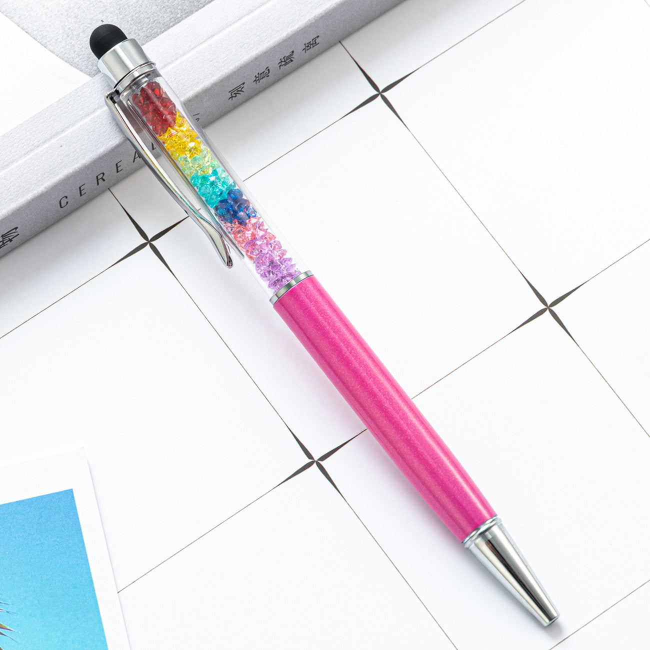 Capacitive Touch Screen Ballpoint Pen Cute Rainbow Diamond Crystal Ball Pens School Writing Supplies - Hot Pink