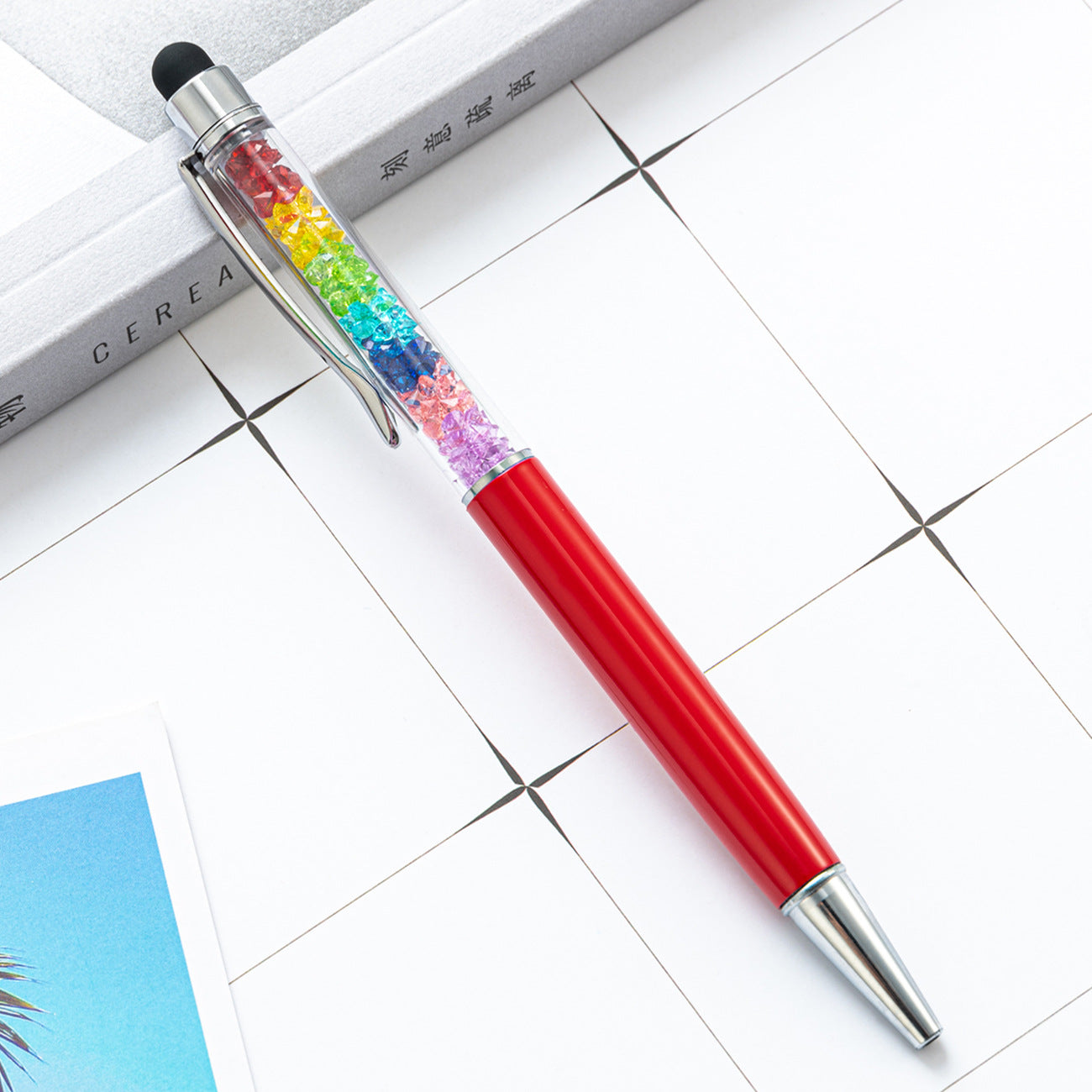 Capacitive Touch Screen Ballpoint Pen Cute Rainbow Diamond Crystal Ball Pens School Writing Supplies - Red