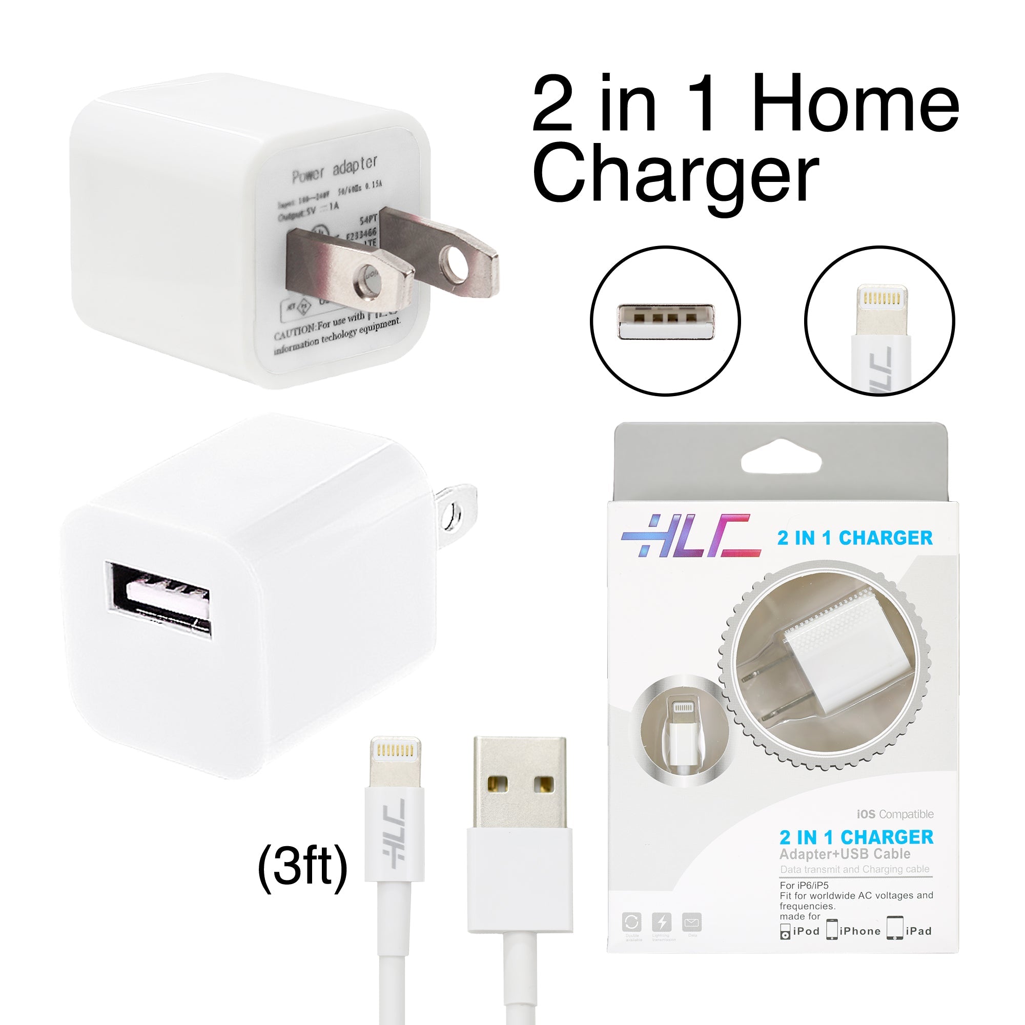 2 in 1 Home Charger Compatible with Apple iPhone XM/XR/X/8/7/6/5