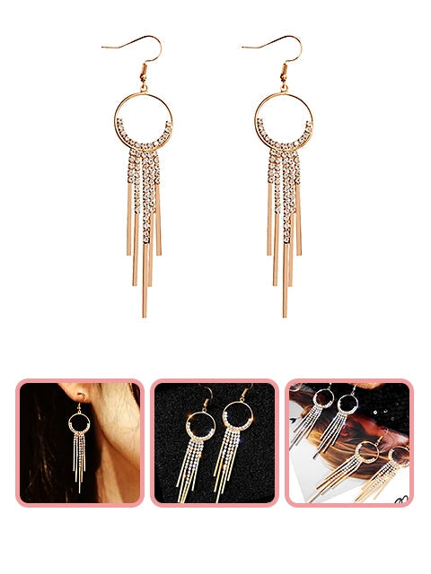 A Dozen of Dazzle Sparkling Circle Rhinestone Long Tassels Dangle Earrings (E1310)