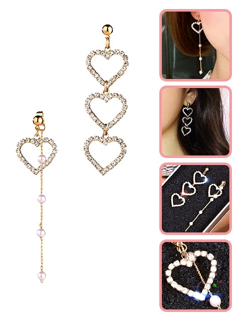 A Dozen of Dazzling Rhinestone Unbalanced  Heart Linked  Dangle Earrings (E640)