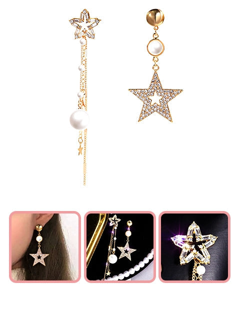 A Dozen of Luxury Faux Pearl & Star Unbalanced Style Dangle Earrings (E811)