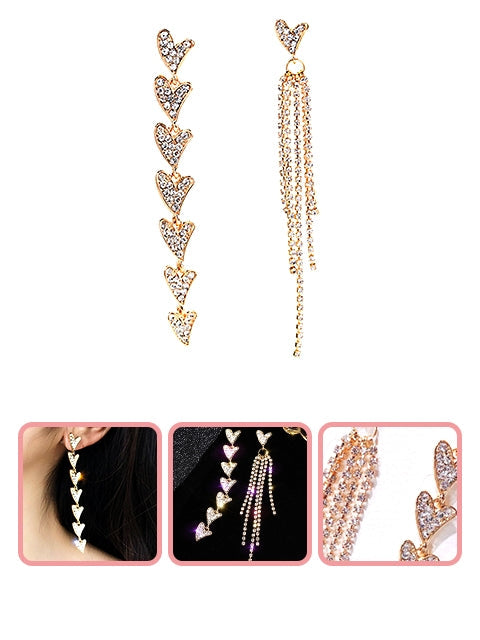 A Dozen of Dazzle Sparkling Hearts Rhinestone Long Tassels Dangle Earrings (E821)