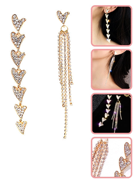 A Dozen of Dazzle Sparkling Hearts Rhinestone Long Tassels Dangle Earrings (E821)