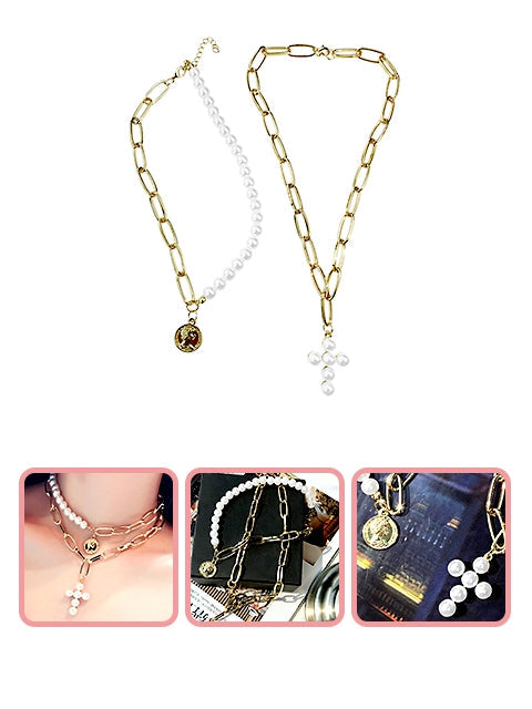 A Dozen of Pearls Choker Coin Cross Layered Pendant Necklace (HN295)