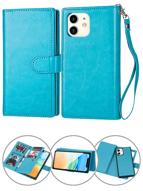 iPhone 11 (6.1") 2 in 1 Leather Wallet Case With 9 Credit Card Slots and Removable Back Cover 