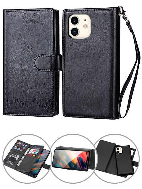 iPhone 12 Mini 2 in 1 Leather Wallet Case With 9 Credit Card Slots and Removable Back Cover 