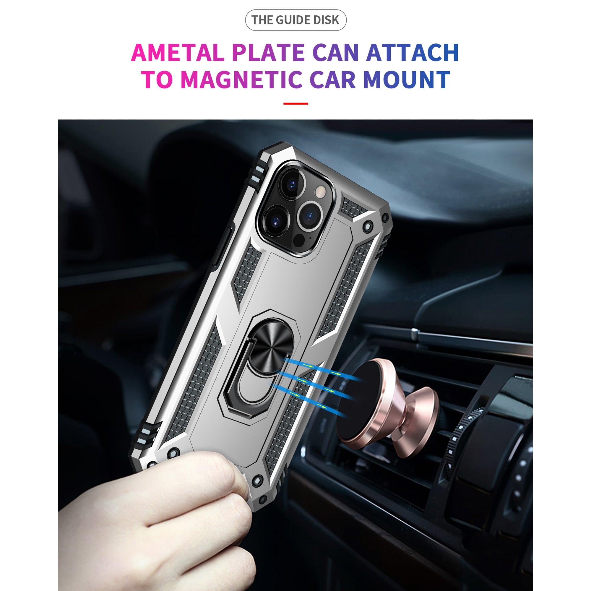 iPhone 12 Pro/12 (6.1") Dual Colors Ring Magnetic GPS car mount Phone Holder case - Silver