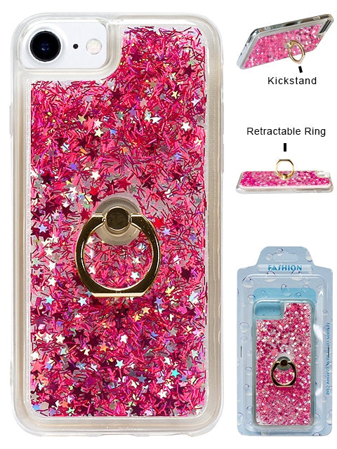 Floating Glitter Star Ring Phone Holder Case Compatible with Apple iPhone 8/7/6/SE2  -Hot Pink