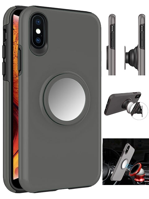 Hybrid Rubber Case for Apple iPhone Xs Max with Coiled Circle Magnetic Kickstand GPS Holder