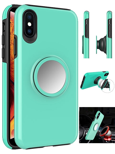 Hybrid Rubber Case for Apple iPhone Xs Max with Coiled Circle Magnetic Kickstand GPS Holder