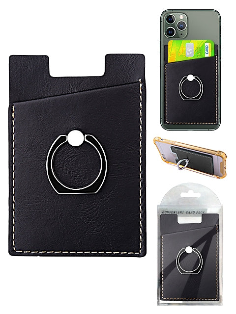 Leather Credit Card /ID Card Phone Ring Holder- Black