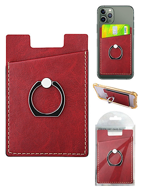 Leather Credit Card /ID Card Phone Ring Holder-  Red