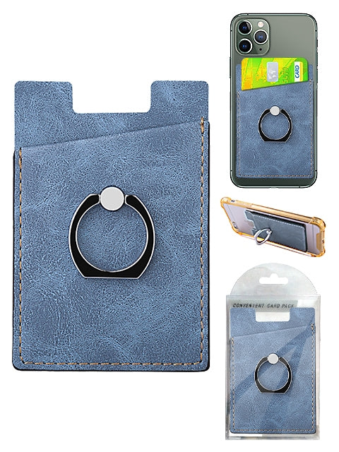 Leather Credit Card / ID Card Phone Ring Holder-  Blue