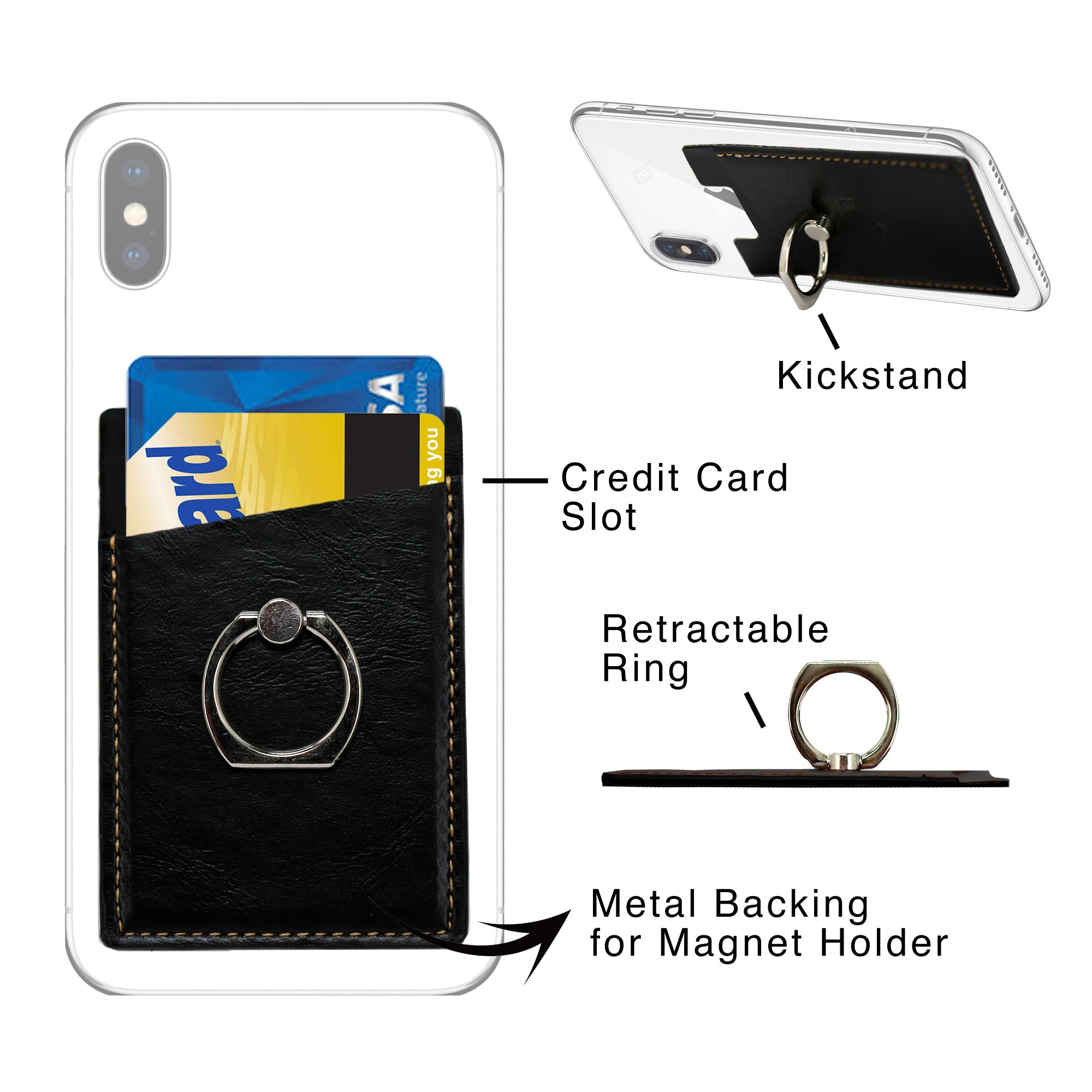 Leather Credit Card /ID Card Phone Ring Holder- Black