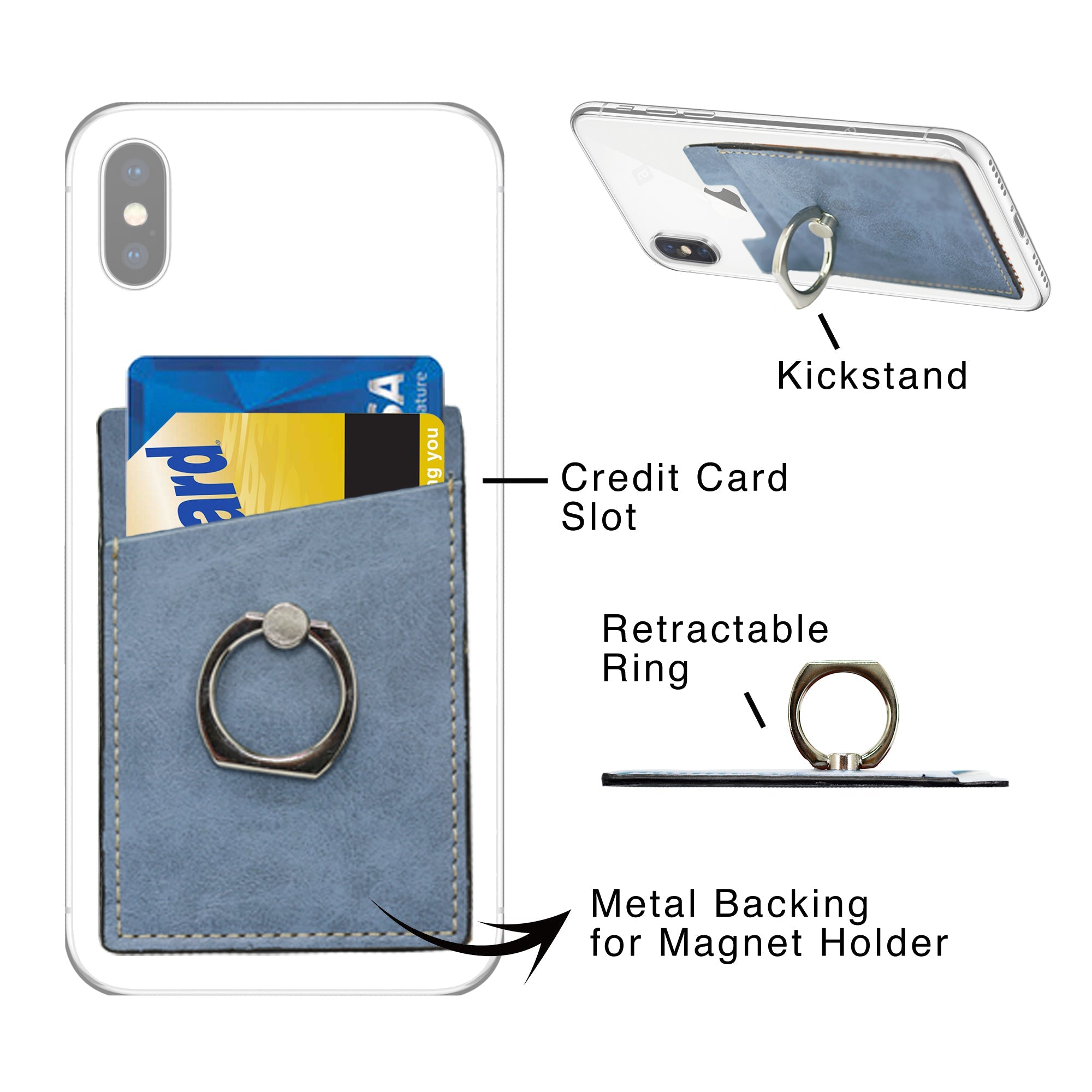 Leather Credit Card / ID Card Phone Ring Holder-  Blue