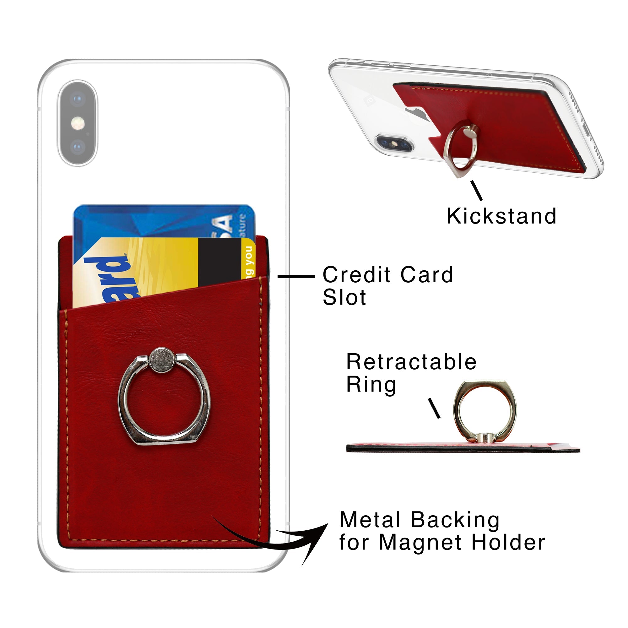 Leather Credit Card /ID Card Phone Ring Holder-  Red