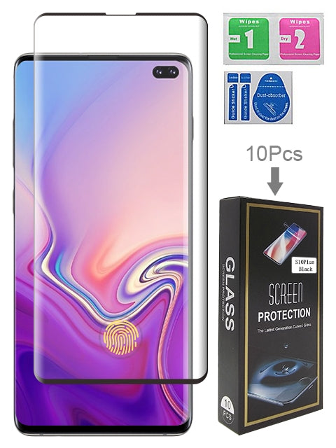 Black 10 Packs 3D Super Glue Curved Tempered Glass for Galaxy S10 Plus With Fingerprint Sensor