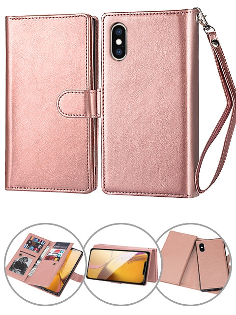 iPhone X/Xs 2 in 1 Leather Wallet Case With 9 Credit Card Slots and Removable Back Cover 