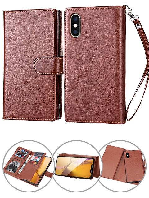 iPhone X/Xs 2 in 1 Leather Wallet Case With 9 Credit Card Slots and Removable Back Cover 