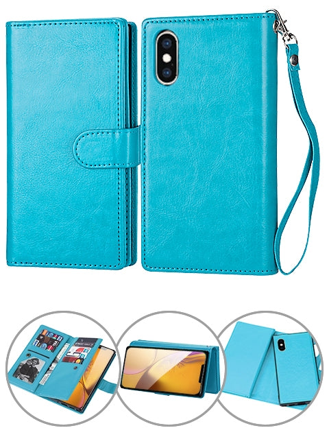 iPhone X/Xs 2 in 1 Leather Wallet Case With 9 Credit Card Slots and Removable Back Cover 