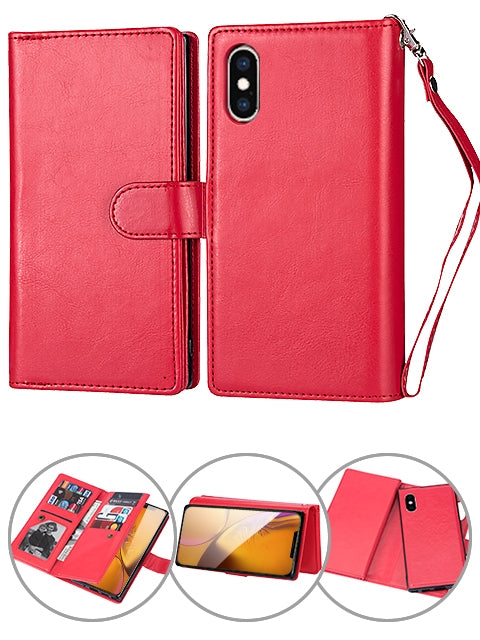 iPhone X/Xs 2 in 1 Leather Wallet Case With 9 Credit Card Slots and Removable Back Cover 