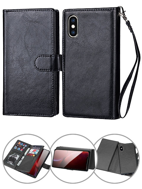 iPhone Xs Max (6.5") 2 in 1 Leather Wallet Case With 9 Credit Card Slots and Removable Back Cover 